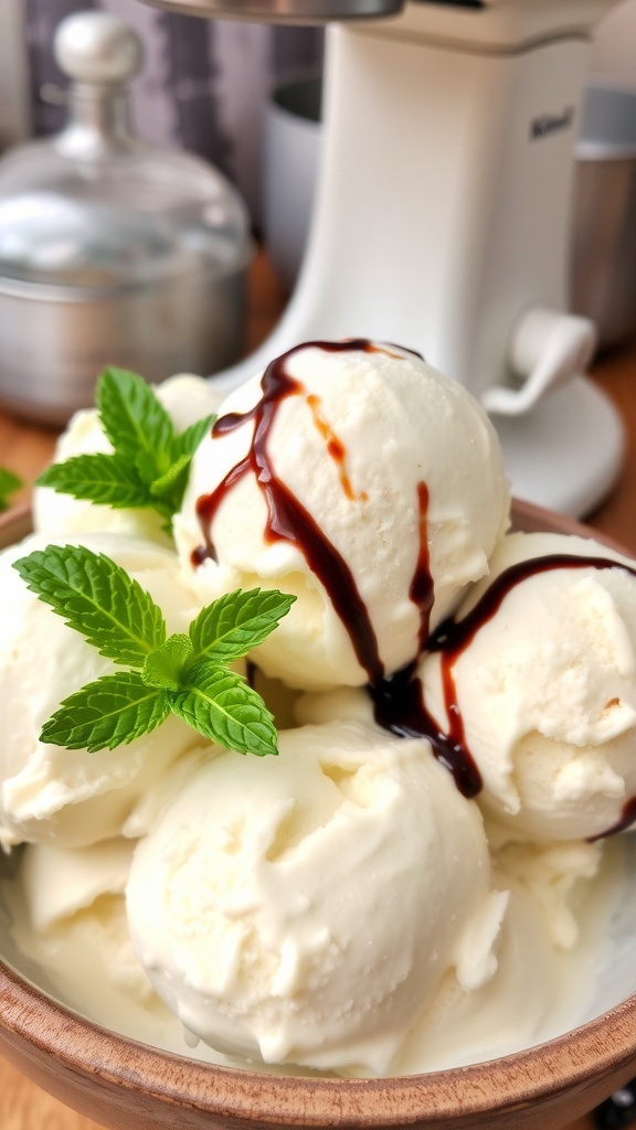 A bowl of vanilla ice cream with mint and chocolate sauce, next to a KitchenAid mixer.